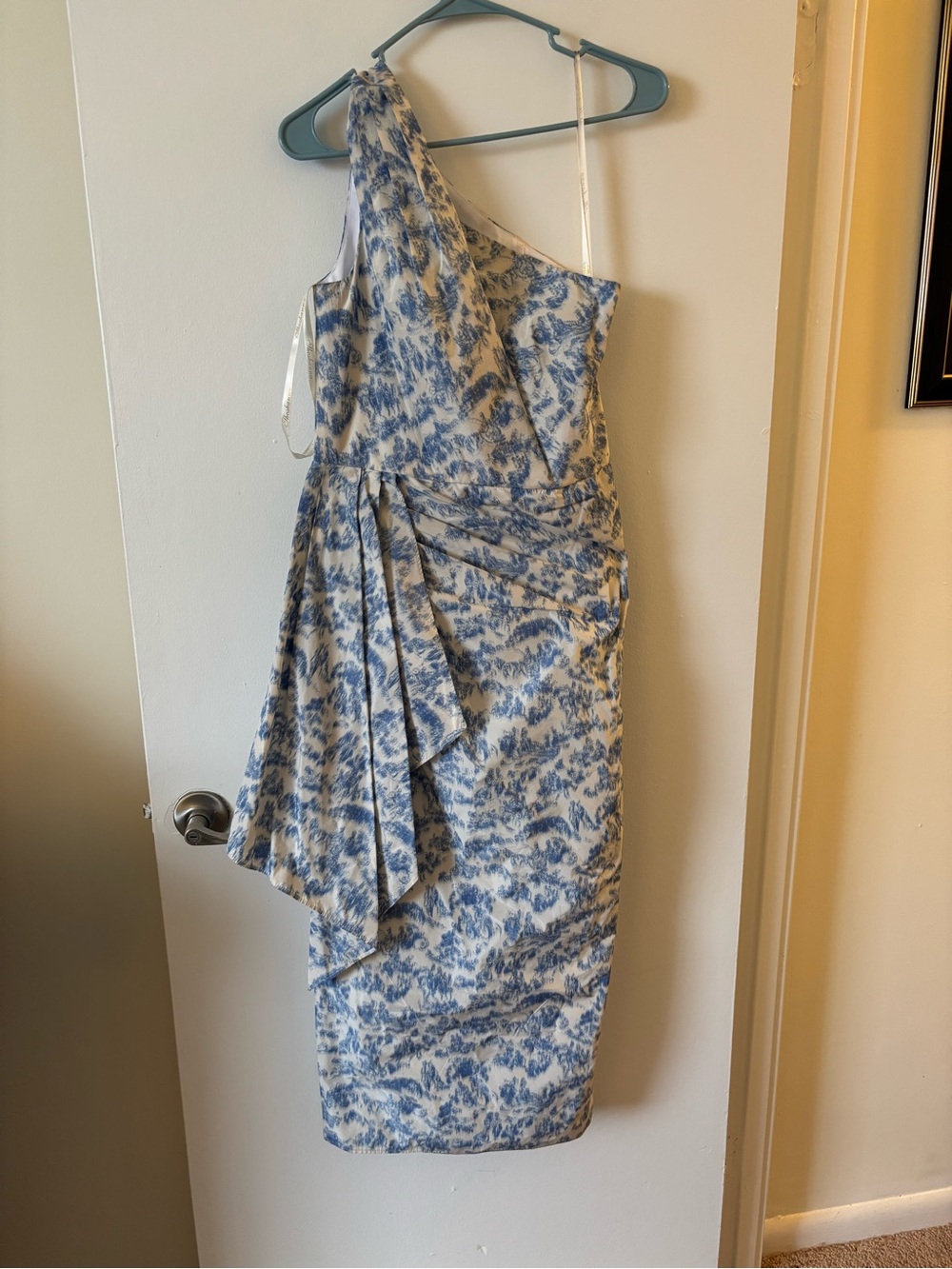Shoshanna Blue and White One-Shoulder Draped Midi Dress
